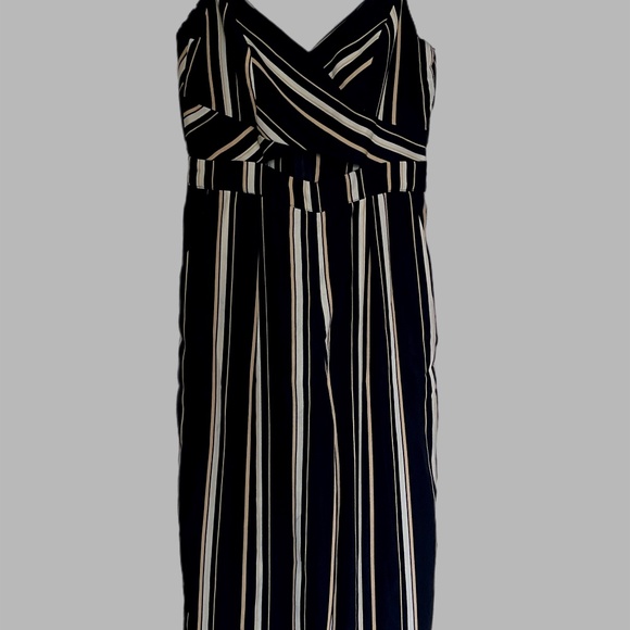 Love Culture Pants - Love & Culture Womens Jumpsuit SZM Navy/Beige Wide Leg Adjustable Straps Chic